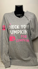 Load image into Gallery viewer, 'Check Your Pumpkins' Breast Cancer Long Sleeve Shirt